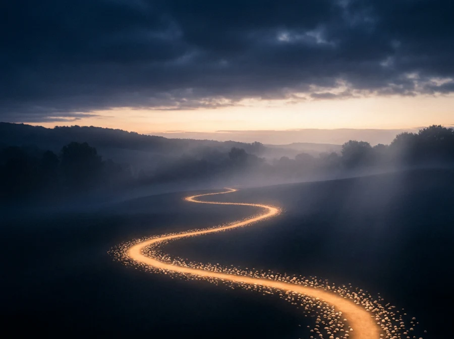 Caminho de luz dourada atravessando uma paisagem enevoada ao amanhecer