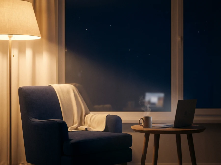 Poltrona ao lado da janela à noite, com luz suave de abajur
